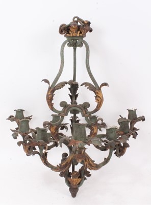 Lot 852 - Rococo style gilt wrought metal chandelier, with nine scrolling candle arms, 48cm wide, approximately 55cm high