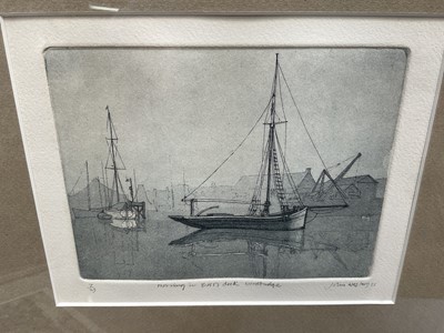 Lot 226 - John Western (1948-1993) three etchings - Upturned water cart, Church and Cottages, Crettingham, Morning in Bass's Dock, Woodbridge, each in glazed frame