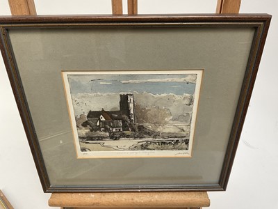 Lot 226 - John Western (1948-1993) three etchings - Upturned water cart, Church and Cottages, Crettingham, Morning in Bass's Dock, Woodbridge, each in glazed frame