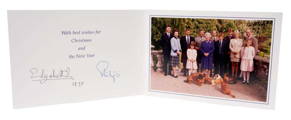 Lot 81 - H.M.Queen Elizabeth II and H.R.H. The Duke of Edinburgh, signed 1998 Christmas card with twin gilt Royal ciphers to cover and colour photograph of the Royal Family to the interior- with envelope