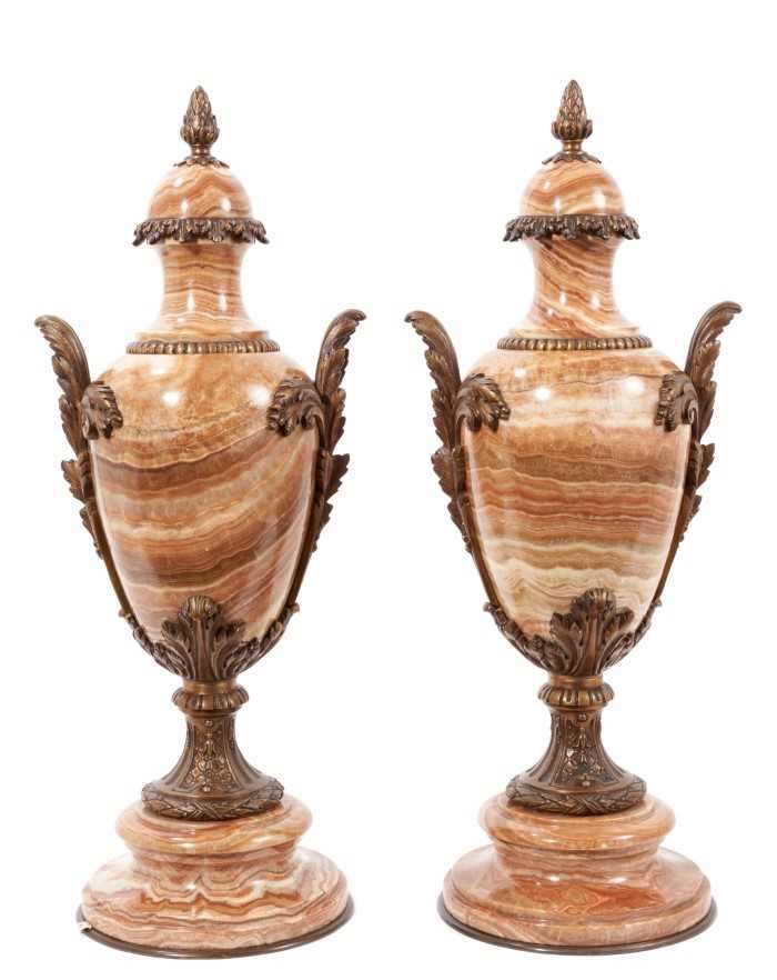 Lot 863 - Impressive pair of bronze and onyx vases