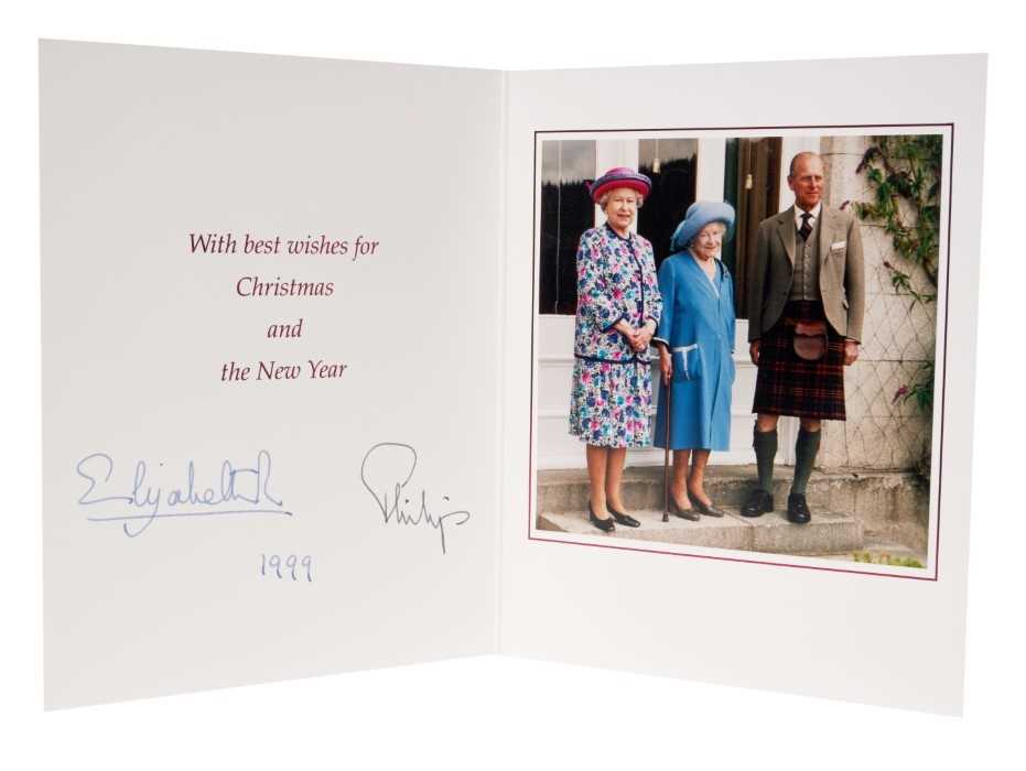 Lot 82 - H.M.Queen Elizabeth II and H.R.H. The Duke of Edinburgh, signed 1999 Christmas card with twin gilt Royal ciphers to cover and colour photograph of the The Queen, The Queen Mother and Prince Philip...