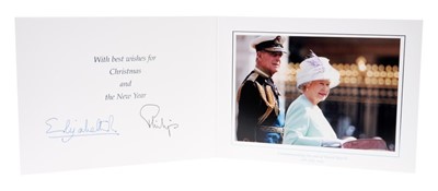 Lot 86 - H.M.Queen Elizabeth II and H.R.H. The Duke of Edinburgh, signed 2005 Christmas card with twin gilt Royal ciphers to cover and colour photograph of the Royal couple commemorating the end of World Wa...
