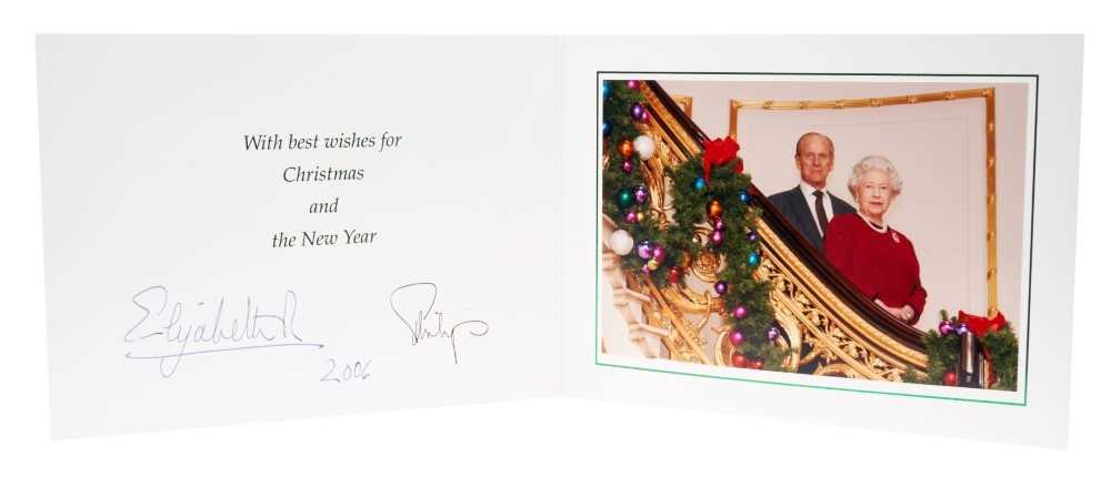 Lot 87 - H.M.Queen Elizabeth II and H.R.H. The Duke of Edinburgh, signed 2006 Christmas card with twin gilt Royal ciphers to cover and colour photograph of the Royal Couple  to the interior- with envelope