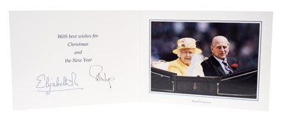 Lot 95 - H.M.Queen Elizabeth II and H.R.H. The Duke of Edinburgh, signed 2015 Christmas card with twin gilt Royal ciphers to cover and colour photograph of the Royal couple at Royal Ascot 2015 to the interi...