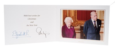 Lot 99 - H.M.Queen Elizabeth II and H.R.H. The Duke of Edinburgh, signed 2019 Christmas card with twin gilt Royal ciphers to cover and colour photograph of the Royal couple to the interior- with envelope