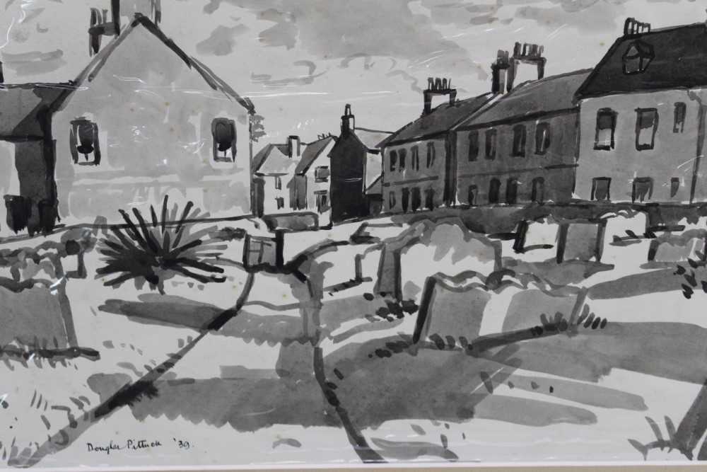 Lot 1046 - Douglas Pittuck (1911-1993) monochrome study, path from the church, signed and dated '39, with card mount, together with 9 further architectural studies by the same hand, 1930s-80s.