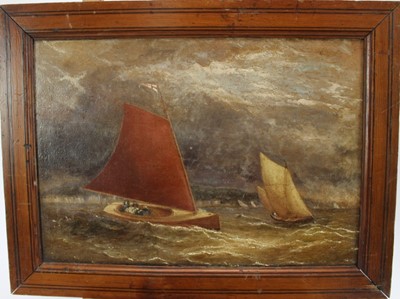 Lot 269 - English School, 19th century, oil on panel - sailing boats off the coast, 25cm x 36cm, framed