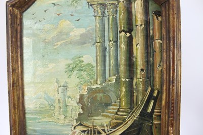 Lot 964 - Italian School, late 19th/early 20th century, oil on shaped canvas - Temple Ruins, in gilt frame, 53cm x 33cm overall