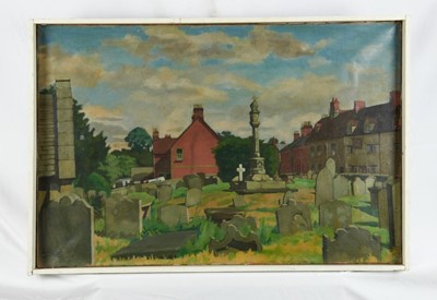 Lot 1050 - Douglas Pittuck (1911-1993) oil on canvas, Churchyard, Old Headington, signed and dated 1947, inscribed as titled to label verso, 50 x 77cm, framed