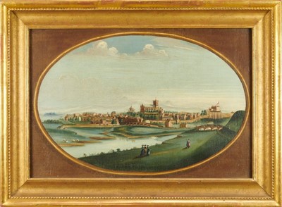 Lot 1152 - Continental School, 19th century, oil on canvas - Town Panorama, painted within an oval, 49cm x 72cm, in gilt frame