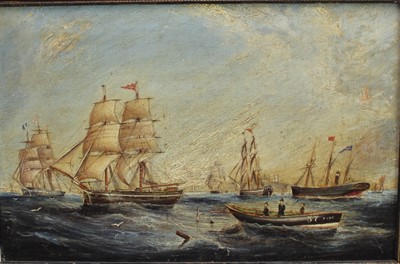 Lot 1148 - English School, 19th century, oil on canvas - shipping on the Tyne, 29cm x 45cm, framed