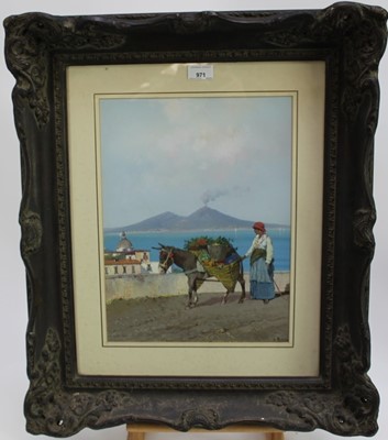 Lot 267 - D. Ardito, late 19th/early 20th century, gouache - Italian fruit seller with her donkey, signed, 39cm x 29cm, in glazed frame