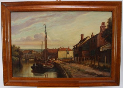 Lot 265 - 19th century oil on canvas - moored barges, 40cm x 60cm, in maple veneered frame
