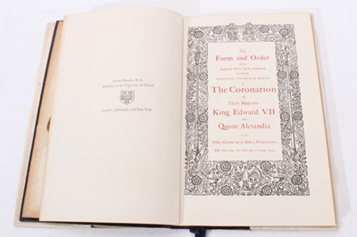 Lot 120 - The Coronation of H.M.King Edward VII June 26th 1902, The Form and Order of the service in gilt tooled blue Morocco leather binding with crowned ERVII cipher in a decorative cream silk and gold bul...