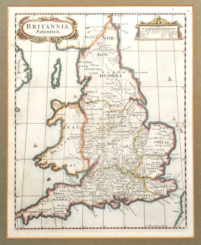 Lot 898 - Robert Morden hand coloured engraved map - 'Brittania Saxonica'