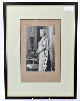 Lot 123 - H.M.Queen Mary, fine signed presentation portrait photograph of the Queen wearing jewels and Order of The Garter by Hay Wrightson, signed in ink on mount ' Mary R 1946' in glazed frame