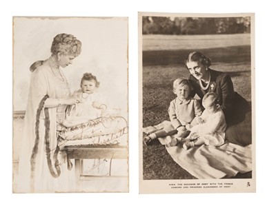 Lot 126 - H.M.Queen Mary, charming signed photograph of the Queen with her infant granddaughter  Elizabeth ( later H.M.Queen Elizabeth II) inscribed' Mary R & Little Elizabeth 1927' and on reverse ' grateful...