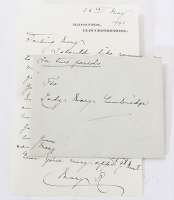 Lot 128 - H.M.Queen Mary, handwritten wartime letter dated 26th May 1941 on Badmington House, Gloucestershire headed  writing paper to Lady Mary Cambridge sending her some books that belonged to grandmother...