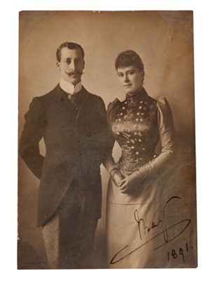 Lot 129 - The engagement of H.R.H.Prince Albert Victor Duke of Clarence to Princess Mary of Teck ( later H.M. Queen Mary ) rare signed photograph of the young couple signed in ink ' May 1891'. This rare phot...