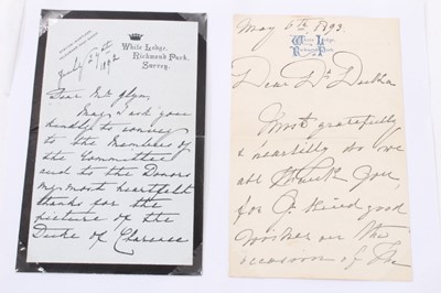 Lot 131 - H.R.H.Princess Mary of Teck ( later H.M.Queen Mary), handwritten thank you leter dated July 27 th 1892 to Mar Glyn thanking him for a picture of the Duke of Clarence ' Believe me yours very sincere...