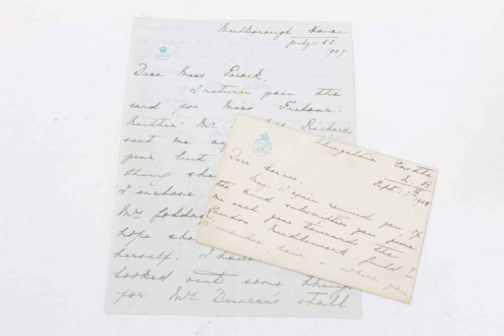 Lot 132 - H.R.H.Princess Mary Duchess of York ( later H.M.Queen Mary) handwritten letter dated July 23rd 1907 to Miss Pocock enclosing £5 towards Mrs Goldmey's holiday. She goes on to say she has looked out...