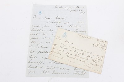 Lot 132 - H.R.H.Princess Mary Duchess of York ( later H.M.Queen Mary) handwritten letter dated July 23rd 1907 to Miss Pocock enclosing £5 towards Mrs Goldmey's holiday. She goes on to say she has looked out...