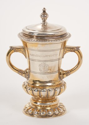 Lot 445 - George V silver gilt two handled trophy with embossed reeded borders, engraved Coat of Arms and inscription Moratalla Open Cup,(London 1913), 4.8oz.