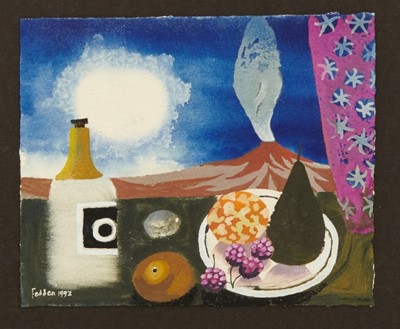 Lot 945 - *Mary Fedden (1915-2012) watercolour - still life with volcano, signed and dated 1993, 16.5cm x 20cm, in glazed frame 
Provenance: purchased by the vendors late parents directly from the artist