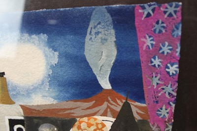 Lot 945 - *Mary Fedden (1915-2012) watercolour - still life with volcano, signed and dated 1993, 16.5cm x 20cm, in glazed frame 
Provenance: purchased by the vendors late parents directly from the artist