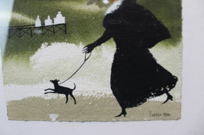 Lot 946 - *Mary Fedden (1915-2012) watercolour - Walking the Dog, signed and dated 1988, 15cm x 19cm, in glazed frame Provenance: purchased by the vendors late parents directly from the artist