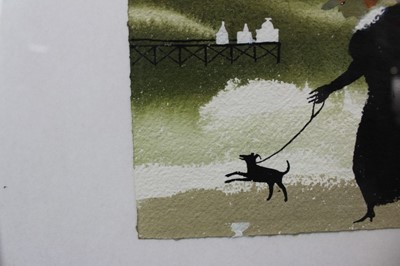 Lot 946 - *Mary Fedden (1915-2012) watercolour - Walking the Dog, signed and dated 1988, 15cm x 19cm, in glazed frame Provenance: purchased by the vendors late parents directly from the artist