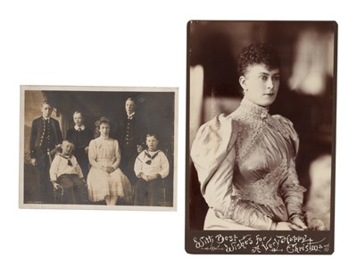 Lot 136 - H.R.H. Mary Princess of Wales (later H.M. Queen Mary) signed photograph of the Royal children inscribed on reverse 'Mary R 1910-11' and a portrait photograph of Princess Mary when Duchess of York....