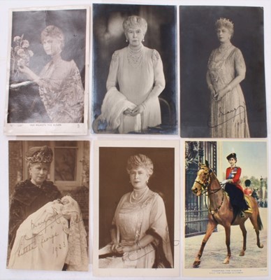 Lot 138 - H.M. Queen Mary, six signed/inscribed portrait postcards including 'grateful thanks for the most attractive set of candlesticks for the dolls house, too kind of you'
