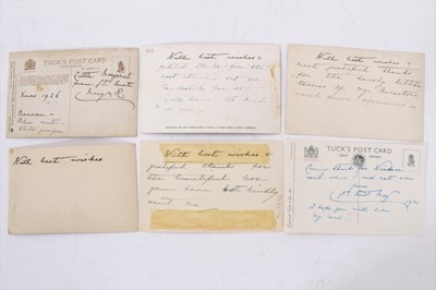 Lot 138 - H.M. Queen Mary, six signed/inscribed portrait postcards including 'grateful thanks for the most attractive set of candlesticks for the dolls house, too kind of you'