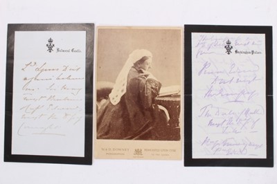 Lot 142 - H.M. Queen Victoria, two hand written instructions possibly for table seating plans on Buckingham Palace and Balmoral Castle headed mourning writing paper and portrait photograph of the Queen (3)