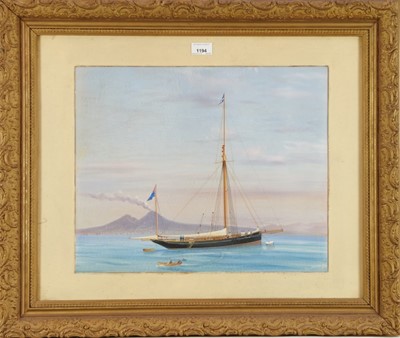 Lot 1150 - Antonio De Simone (1851-1907) gouache - a yacht at anchor, signed and dated '90, 38cm x 46cm, together with another by the same hand depicting Y.C.Constance in squally seas, signed and dated '90, i...