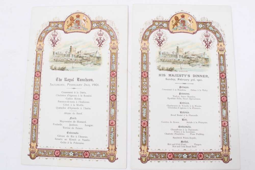 Lot 147 - H.M.King Edward VII, two highly decorative Windsor Castle Royal dinner and luncheon  menus for February 2nd and 3rd 1901. Queen Victoria only died on 22nd January 1901 and therefore these menus st...
