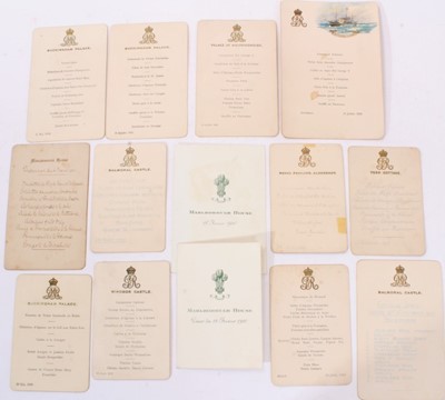 Lot 148 - T.M.King George V and Queen Mary, 14 Royal Menus including the Royal Yacht Victoria and Albert 1935,  Royal Pavilion Aldershot 1915, York Cottage 1921, Palace of Holyroodhouse 1934 (14)