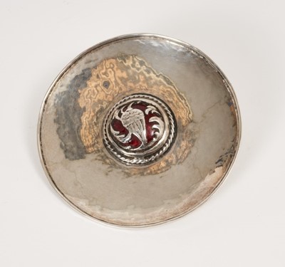 Lot 430 - 1920s Omar Ramsden silver dish with applied silver and red enamel thistle head