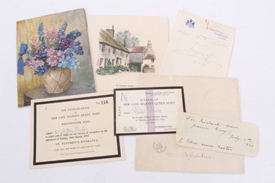 Lot 152 - H,M.Queen Mary, two wartime signed Christmas cards dated 1940 and 1942, signed notes, Funeral ticket and lying in state ticket 1953