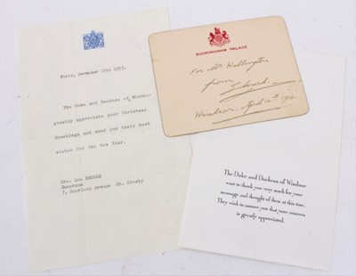 Lot 153 - H.R.H. Edward Prince of Wales (later King Edward VIII and Duke of Windsor), handwritten card signed 'Edward ,Windsor April 14th 1914' and typed letter from The Duke and Duchess of Windsor dated 195...