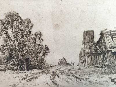 Lot 146 - Sylvia Morgan, 1929 - 'Roadside Shanties' - Label to back reading: This etching of a roadside shanty in Australia was presented to Admiral Sir Dudley De Chair, during his term of office as Governor...