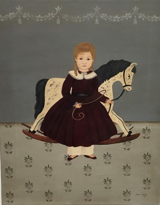 Lot 285 - Joyce Fredette ( American 1933 - 2014) oil on canvas of child with rocking horse, signed & dated 1989