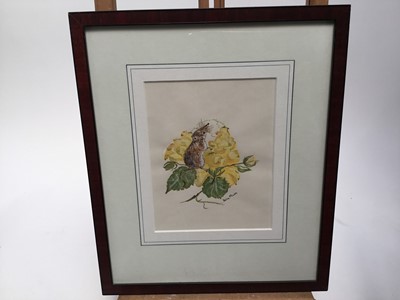 Lot 190 - Delia Marr, contemporary, group of five charming gouache illustrations - Animlas and Flowers, signed, 19cm x 15cm, in glazed frames