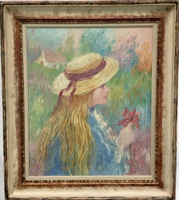 Lot 193 - R. Norman, contemporary, oil on canvas - portrait of a girl in a straw hat, signed verso, 60cm x 50cm, framed