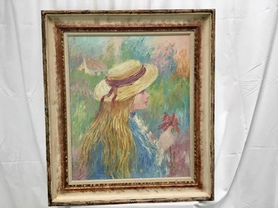 Lot 193 - R. Norman, contemporary, oil on canvas - portrait of a girl in a straw hat, signed verso, 60cm x 50cm, framed