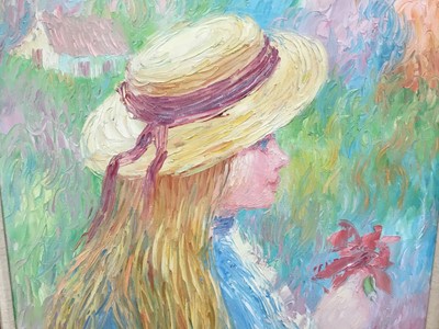 Lot 193 - R. Norman, contemporary, oil on canvas - portrait of a girl in a straw hat, signed verso, 60cm x 50cm, framed