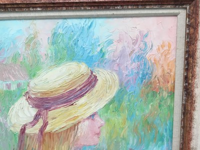 Lot 193 - R. Norman, contemporary, oil on canvas - portrait of a girl in a straw hat, signed verso, 60cm x 50cm, framed