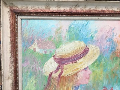 Lot 193 - R. Norman, contemporary, oil on canvas - portrait of a girl in a straw hat, signed verso, 60cm x 50cm, framed